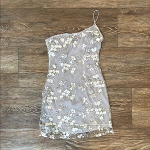 Lucy in the Sky Women's Size XS One Shoulder Dress with Gray Floral Embroidery